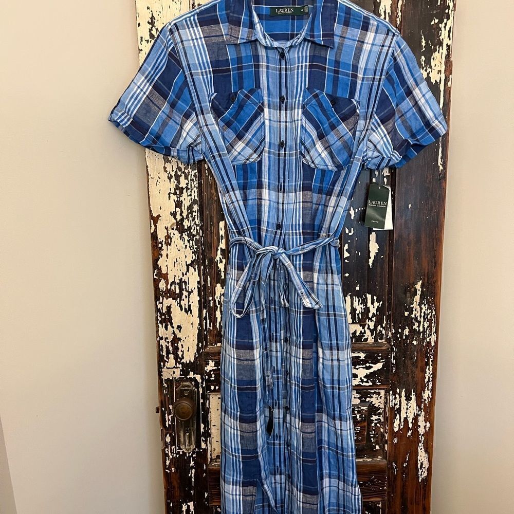NWT Ralph Lauren women’s plaid maxi button down dress. Size 8P.